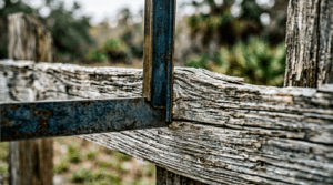 Precision tool revealing cupped cedar fence rail depreciation, showing why cost to repair fence is more than insurance pays