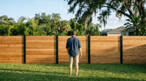 Homeowner viewing new cedar fence installation on Florida property