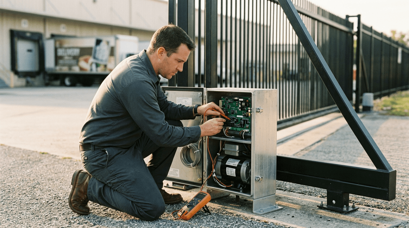 Commercial automatic gate repair in progress Technician inspecting the operator and control board of a commercial automatic gate at a business entrance