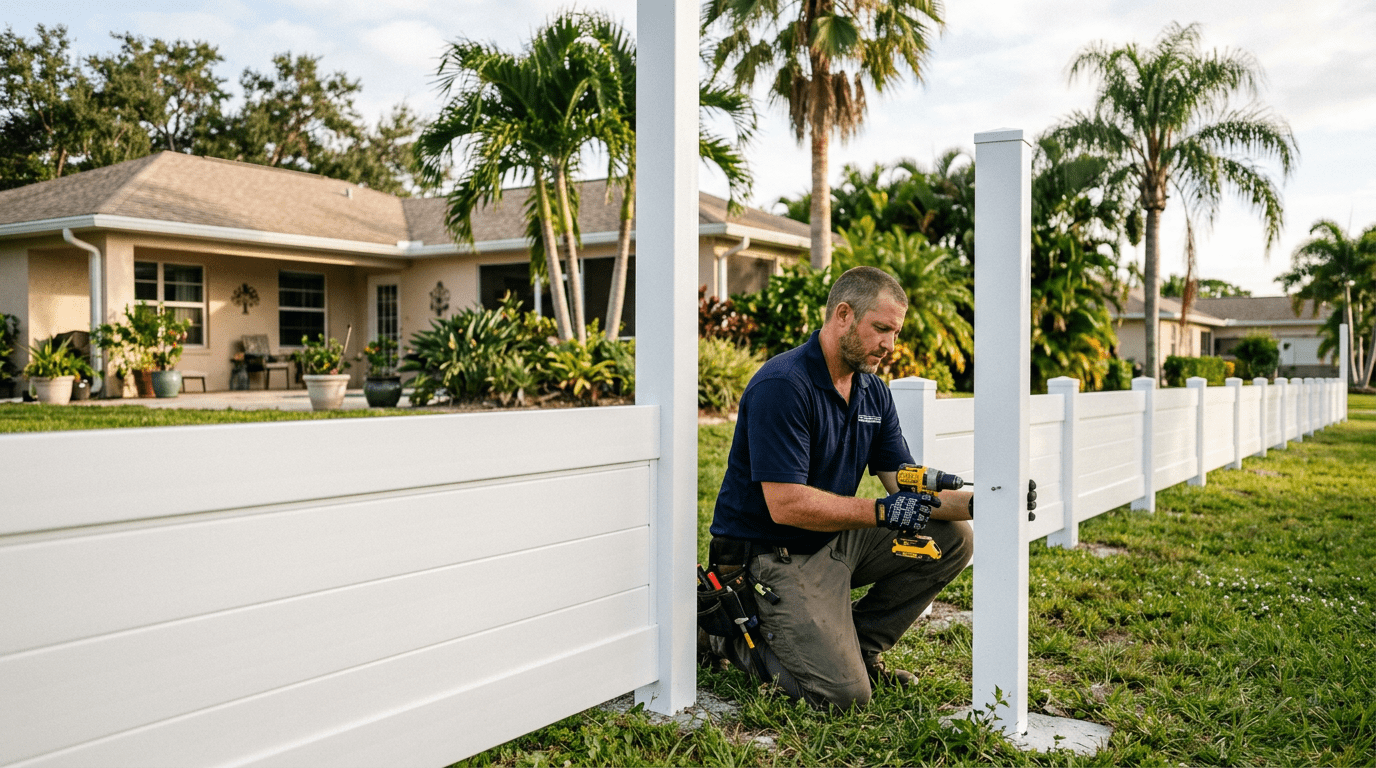 Fence installer building a white vinyl privacy fence in a Florida backyard