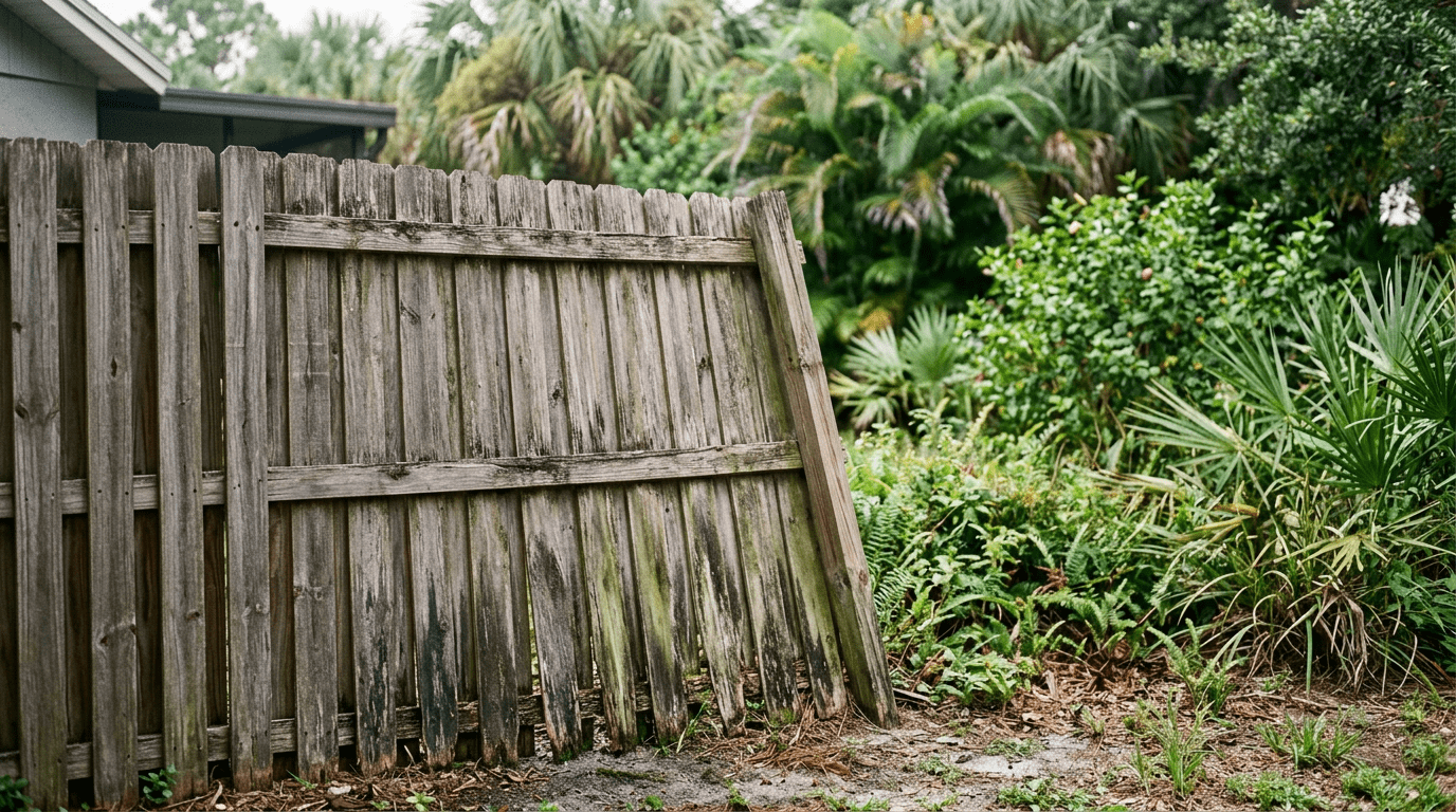 Weathered residential wood fence with a leaning post and mildew streaks in a Florida backyard