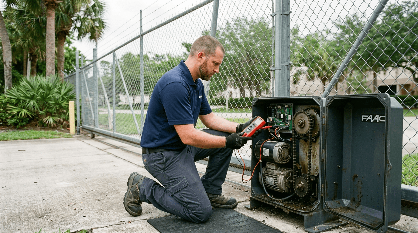 Commercial Automatic Gate Repair Inspection Technician inspecting a commercial automatic sliding gate operator during a repair service call.