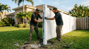 A vinyl fence installation contractor installs white PVC privacy fencing panels at a Florida residential property.