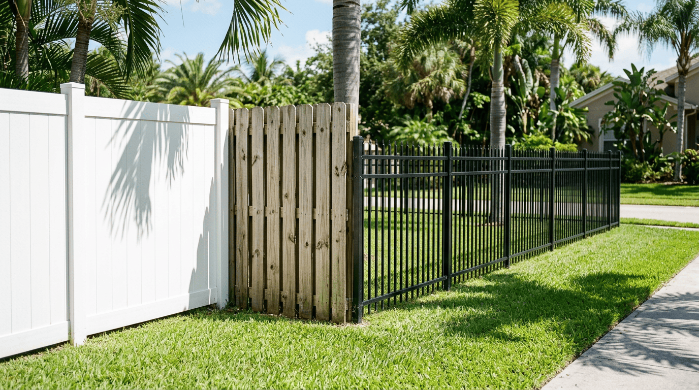 Fence material options compared Vinyl, aluminum, and wood fence sections compared side by side at a Florida home