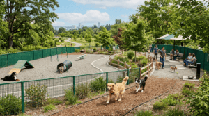 Backyard dog run ideas shown with a fenced enclosure, shaded rest area, and secure gate for a pet